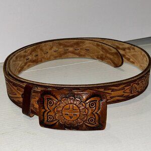 Zuni Sun Face Leather Belt Buckle and Chambers Belt Hand Carved Size 34